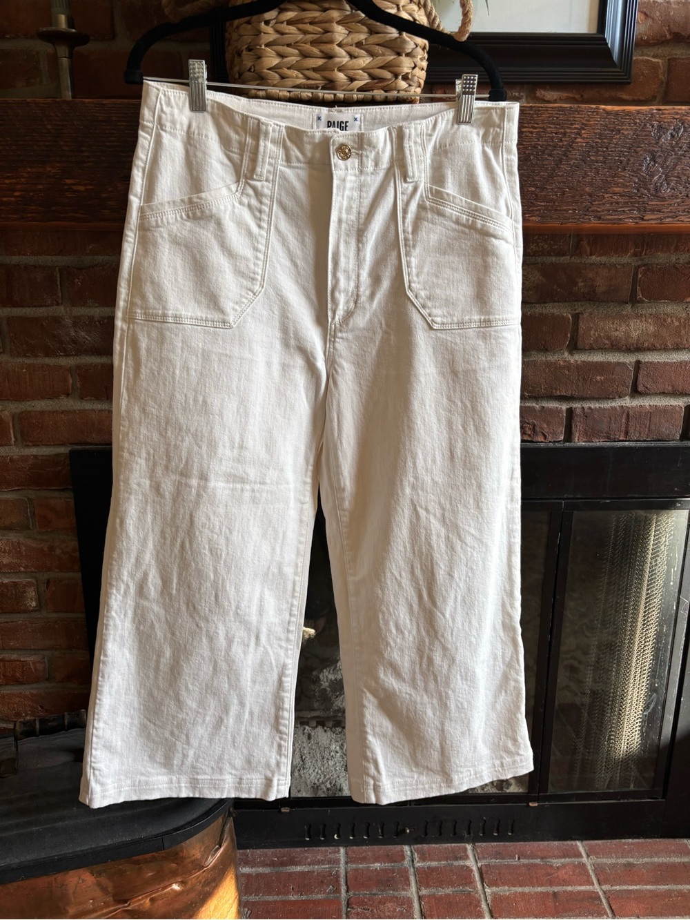 PAIGE White Wide Leg Cropped Utility Denim Jeans Patch Pocket Size 31